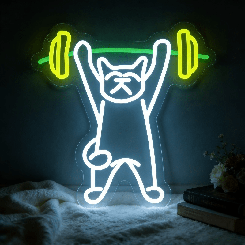Home Gym Neon Sign - 猫がウェイトを持ち上げるネオンサイン LED ナイトライト USB 電源ジムフィットネス体育館スポーツバーホームベッドルームデスク装飾ギフト