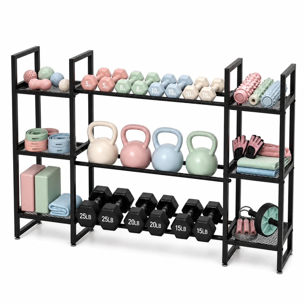 All In One Gym Home Equipment - ダンベルラック 3段、1段あたり260ポンドの耐荷重、ホームジム用、54.6インチの3列ダンベルスタンド、2つのメッシュセクションと1つのスチールチューブセクション、オールインワンのトレーニング機器収納、ラックのみ