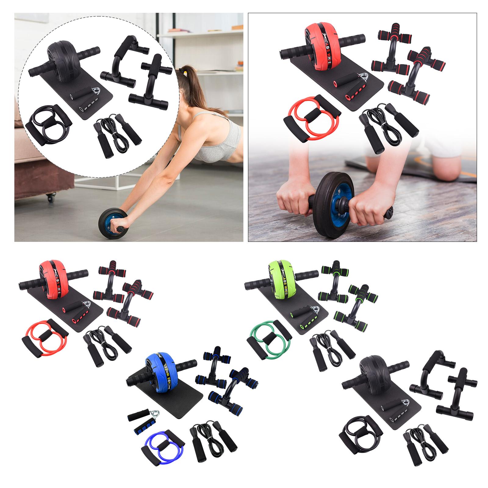 Home Gym Equipment Set - 筋力トレーニングセット。膝当て付きの腹筋ローラーホイールと、自宅でのジムトレーニング用のプッシュアップスタンド。全身運動に最適なトレーニング器具。